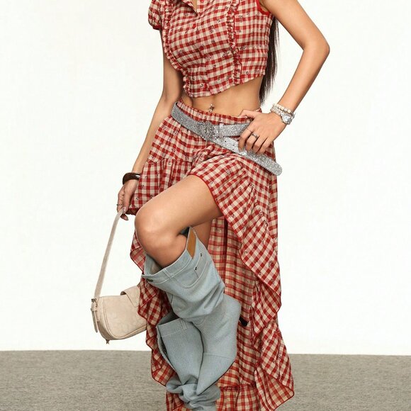 Red Casual Women's Plaid Print Valentine's Day Color Block Short Skirt - Picture 4 of 6